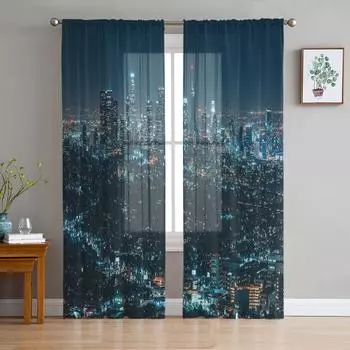 City Night View Urban Area Skyscraper Sheer Curtains for Living Room Decoration Window Curtains Kitchen Tulle Voile Curtains W135 x H115cm x1