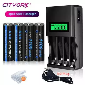 CITYORK 1,2 В AAA 1100 мАч Ni-MH аккумуляторы 3A + 4 слота ЖК-USB зарядное устройство для аккумуляторной батареи 1,2 В AA AAA чёрный