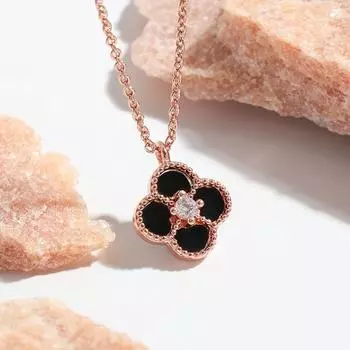 Цикси Подарок на День святого Валентина, цепочка на ключицу для девушки, розовое золото, счастливый клевер, мини-маленькое ожерелье из черного агата