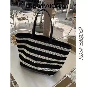 Ckewpaion Seaside Holiday Bag for Women 2025 Summer New Arrival Woven Beach Bag Stripes Cut Out Tote Bag Black
