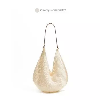 Ckkui Minimalist Red Woven Bag Seaside Vacation Style Hollow Bag Large Capacity Lazy Shoulder Knitted Bag Beige White