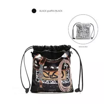 Ckkui New Chinese Style Retro Printed Bags Light Luxury Minority Large Capacity Handbag Commuter Shoulder Bag Tote Bag Black Graffiti small size