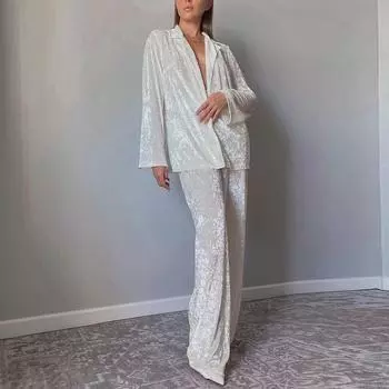 Clacive Fashion Свободная белая бархатная рубашка с длинным рукавом и широкими брюками с высокой талией Женский комплект из 2 предметов