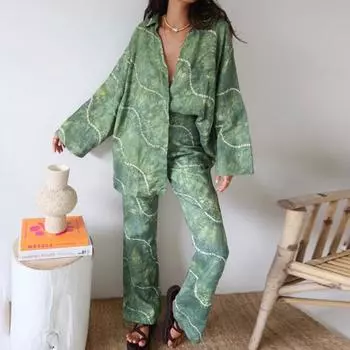 Clacive Fashion Свободная блузка с длинными рукавами с принтом и широкими брюками с высокой талией Женский комплект из 2 предметов