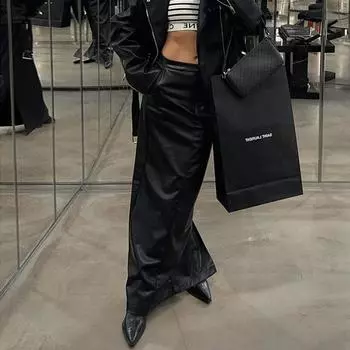 Clacive Fashion Свободная черная женская длинная юбка из искусственной кожи с высокой талией и разрезом