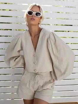 Clacive Fashion Свободная рубашка цвета хаки с пышными рукавами и шортами с высокой талией, комплект из 2 предметов для женщин 2024