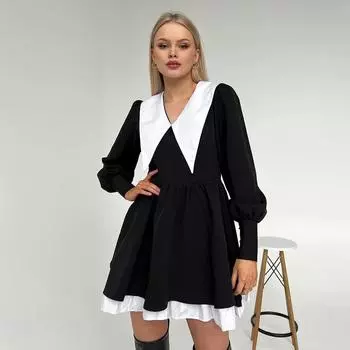 Clacive Fashion Свободное черное женское платье с длинными рукавами и лацканами в стиле пэчворк