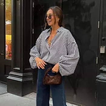 Clacive Fashion Свободные офисные женские блузки с длинными рукавами и клетчатыми лацканами, рубашка