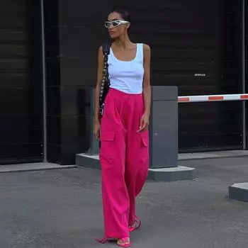 Clacive Fashion Свободные розовые женские брюки-карго с высокой талией 2024