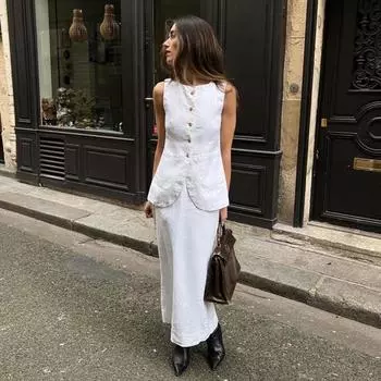 Clacive Fashion Тонкая белая майка без рукавов с высокой талией и длинными шортами для женщин, комплект из 2 предметов