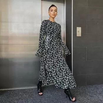 Clacive Fashion Тонкое женское платье с круглым вырезом и длинными рукавами с принтом 2024