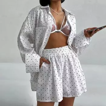 Clacive модная свободная рубашка с длинным рукавом с принтом и шорты с высокой талией комплект из 2 предметов женский наряд 2024