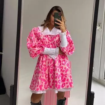 Clacive модное свободное женское платье с леопардовым принтом и воротником-фонариком и рукавами в стиле пэчворк