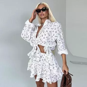 Clacive модные рубашки с длинными рукавами и высокой талией плиссированные мини-юбки комплекты для женщин 2 шт. 2024