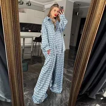 Clacive модные свободные блузки с длинными рукавами с принтом и широкими брюками с высокой талией комплекты для женщин из 2 предметов 2024