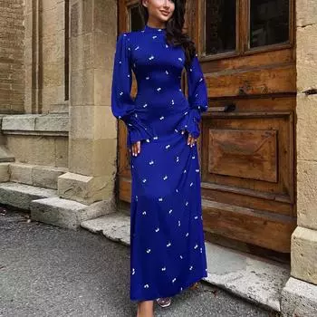 Clacive модные свободные принты с воротником-стойкой и длинными рукавами, бандажные платья до щиколотки, женские платья 2024