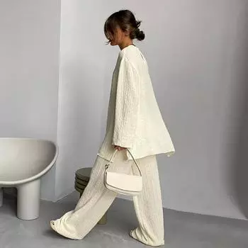 Clacive Повседневная свободная бежевая рубашка с длинным рукавом и широкими брюками с высокой талией Женский комплект из 2 предметов