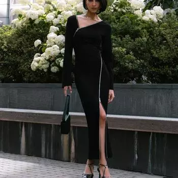 Clacive сексуальное тонкое черное женское платье с длинными рукавами и молнией нерегулярной длины до щиколотки 2024
