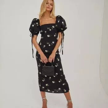 Clacive сексуальное тонкое женское платье миди с квадратным воротником и короткими рукавами-фонариками 2024