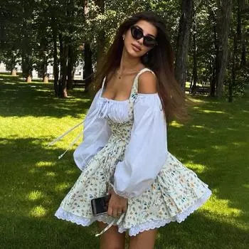 Clacive сексуальные свободные принты с разрезом шеи и длинными рукавами, бандажные лоскутные мини-платья для женщин 2024