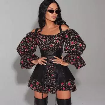 Clacive Сексуальные тонкие платья с принтом и длинными рукавами и бандажным корсетом