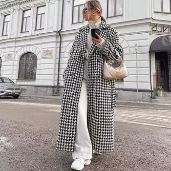 Clacive зимнее свободное офисное женское ветровое пальто с длинными рукавами и лацканами «гусиные лапки»