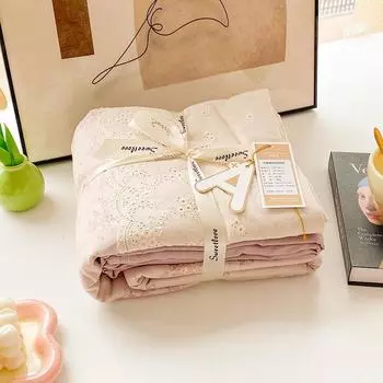 Class A Cotton Maternal And Infant Grade Lace Double-Layer Yarn, Small Style, Fresh, Soft And Comfortable Bed Sheet, Bed Hat Four-Piece 1.2 m 3pc quilt 1.5*2m