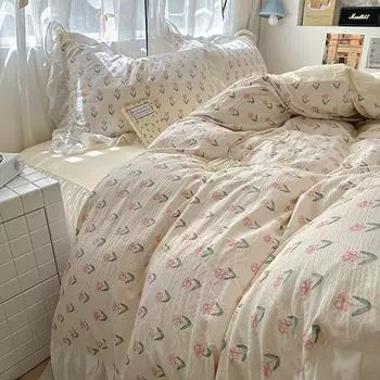 Class A maternal and infant grade bubble cotton edge printing washed 4pcs set washed cotton sheets student dormitory 3pcs set 1.2 Sheet3pcs quilt 1.5*2m