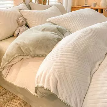 Class A Maternal And Infant Grade Milk Fleece4-Pcs Set Autumn And Winter Thickened Carved Fleece Quilt Cover Bed Sheet Baby Fleece Bedding 1.5m bed sheet 4pc quilt cover 2*2.3m