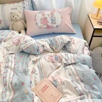 Class A Maternal And Infant Grade Super Soft Washed Cotton4-Pcs Set Cartoon Student Dormitory Bed Sheet 3-Pcs Set Cute Quilt Cover Bedding 4 1.0m 3pcs quilt 1.5*2m