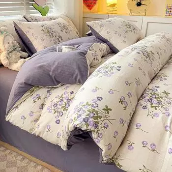 Class A maternal and infant grade washed cotton bed 4pcs set, small fresh bed sheet quilt cover, bed hat student dormitory 3pcs set 1.2 Sheet3pcs quilt 1.5*2m фиолетовый