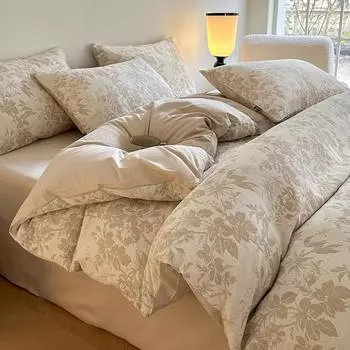 Class A Maternal Infant Grade 60S Cotton Double-Layer Yarn 4-Pcs Set, Pure Cotton Naked Sleeping Three-Layer Yarn Bed Sheet Quilt Cover 1.2 Sheet3pcs quilt 1.5*2m