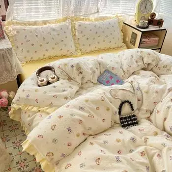 Class A Maternal Infant Grade Pure Cotton Lace 4-Pcs Set Of Small Fresh Cotton Double-Layer Yarn 3-Pcs Bedding In Student Dormitory 120x200cm single-piece mattress