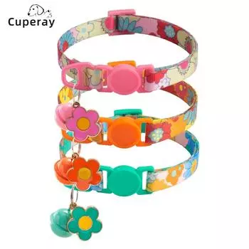 Classic 1.0cm Printed Pet Collar Adjustable Safety Buckle Cat Collar with Bell and Metal Flower Pendant for Cats and Puppy Pet Supplies