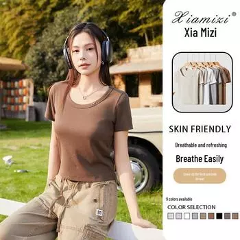 Classic American-Style Slim Fit Round Neck Short-Sleeve T-Shirt for Women