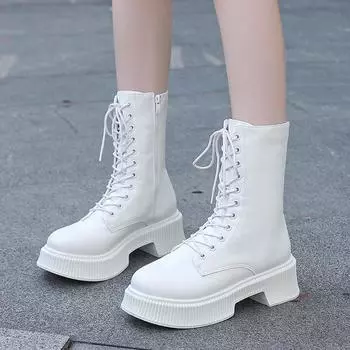 Classic and Fashionable High-top Women s Boots Comfortable and Durable Thick-soled Hiking Boots Casual Lace-up Motorcycle Boot 35 бежевый