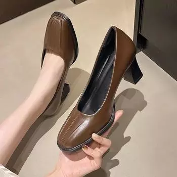 Classic Basic Women s Pump Leather Pleat Design Spring Elegant square toe chunky Heel Office women s dress work shoes 35