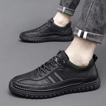 Classic Black Sneakers Men Casual Leather Shoes Male Lace-Up Genuine Leather Flats Fashion Korean Simple Footwear Shoe 38 бежевый