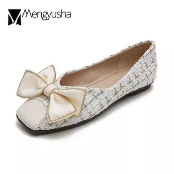 Classic Bowknot Flats Women Pig Mouth Toe Shoes Ladies Girls Fresh Comfy Moccasins Soft Bottom Large Size Loafers Ballets Shoes 4.5 абрикосовый