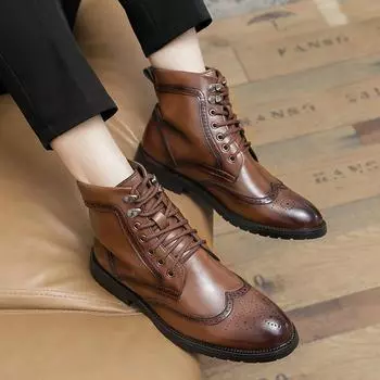 Classic British Style Boots Mens Leather Carving Boots Lace Up Ankle Boots Pointed Toe Low Heel Thick Sole Business Dating Boots 38 чёрный