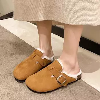 Classic British Style Winter Cover Head Slippers Womens Suede Plush Warm Buckle Belt Indoor Outdoor Wedges Mules Cotton Shoe 35 хаки