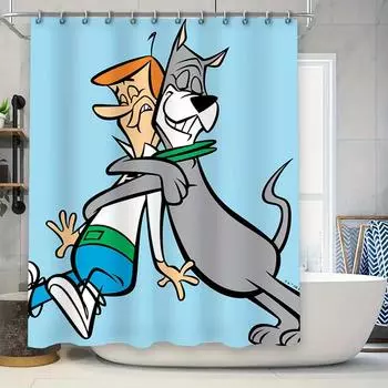 Classic Cartoon Characters Shower Curtain Blue Background with Wacky Dog Hugging Man Print for Bathroom Decor Size 69x70 inches 90x180cm