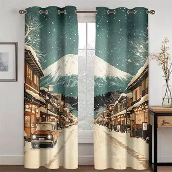 Classic Cartoon Mount Fuji Curtain Snow Street Atmosphere 2 Panel Living Room Bedroom Kitchen Balcony Window Decor 50W130H(CM)X2PCS&Grommet Top