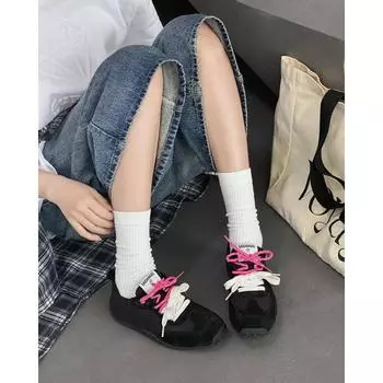 Classic color matching strap flat bottom fashion leather versatile casual sports shoes 35 чёрный