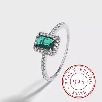 Классическое креативное подлинное кольцо для помолвки из стерлингового серебра S925 с четырьмя зубцами, прямоугольным изумрудом, геометрическим узором в стиле ретро для женщин 6 зелёный