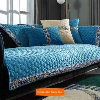 Classic European-Style Leather Non Slip Sofa Cushion Fabric Stuffed Cushion Autumn and Winter Universal Dustproof Sofa Cover Cover Towel Blue(Webbing) 60*70cm