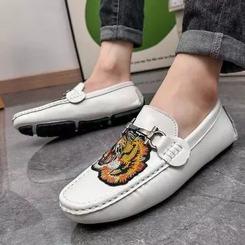 Classic Fashion Embroidery Mens Luxury Shoes High Quality Genuine Leather Shoes Size 38-48 White Loafers Shoes for Men Mocasines 38