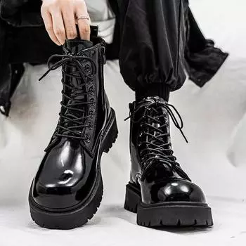 Classic Fashion Glitter Leather Black Boots for Men Comfortable Height-increasing Platform Boots Big Size 46 Lace-up Ankle Boots 37