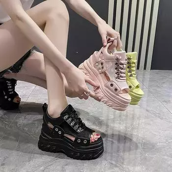 Классическая модная женская обувь, популярные летние новые корейские спортивные сандалии на толстой подошве, повседневные римские сандалии с круглым носком и покатым каблуком 34 чёрный