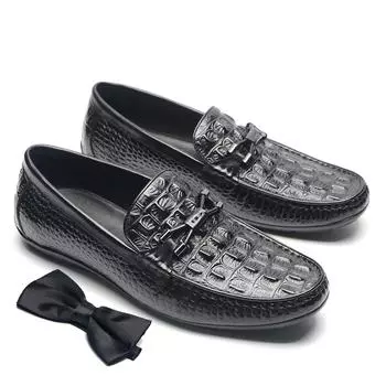 Classic Genuine Leather Casual Men s Loafers Bow Crocodile Print Comfortable Slip-on Luxury Designer Daily Social Mens Shoes 38